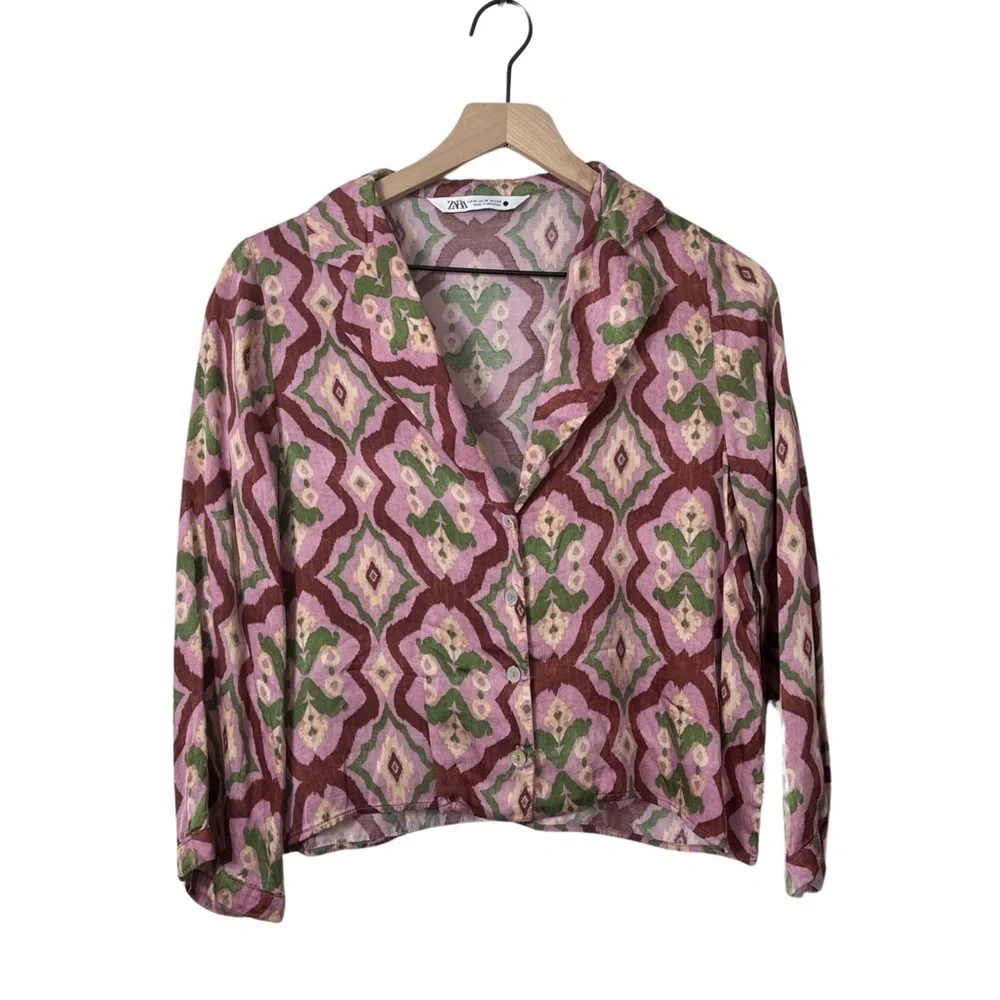 EUC ZARA BLOUSE 👚 PINK AND GREEN SILKY SZ.M - Picture 2 of 5